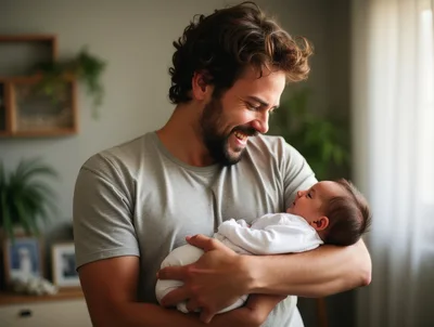 Happy Father Holding His Newborn Baby At Home