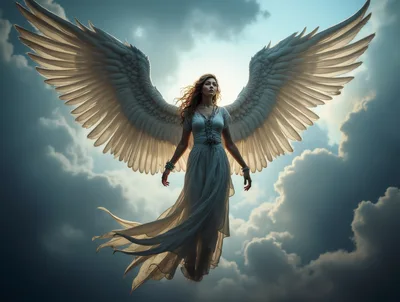 Ethereal Angel Floating In A Cloudy Sky