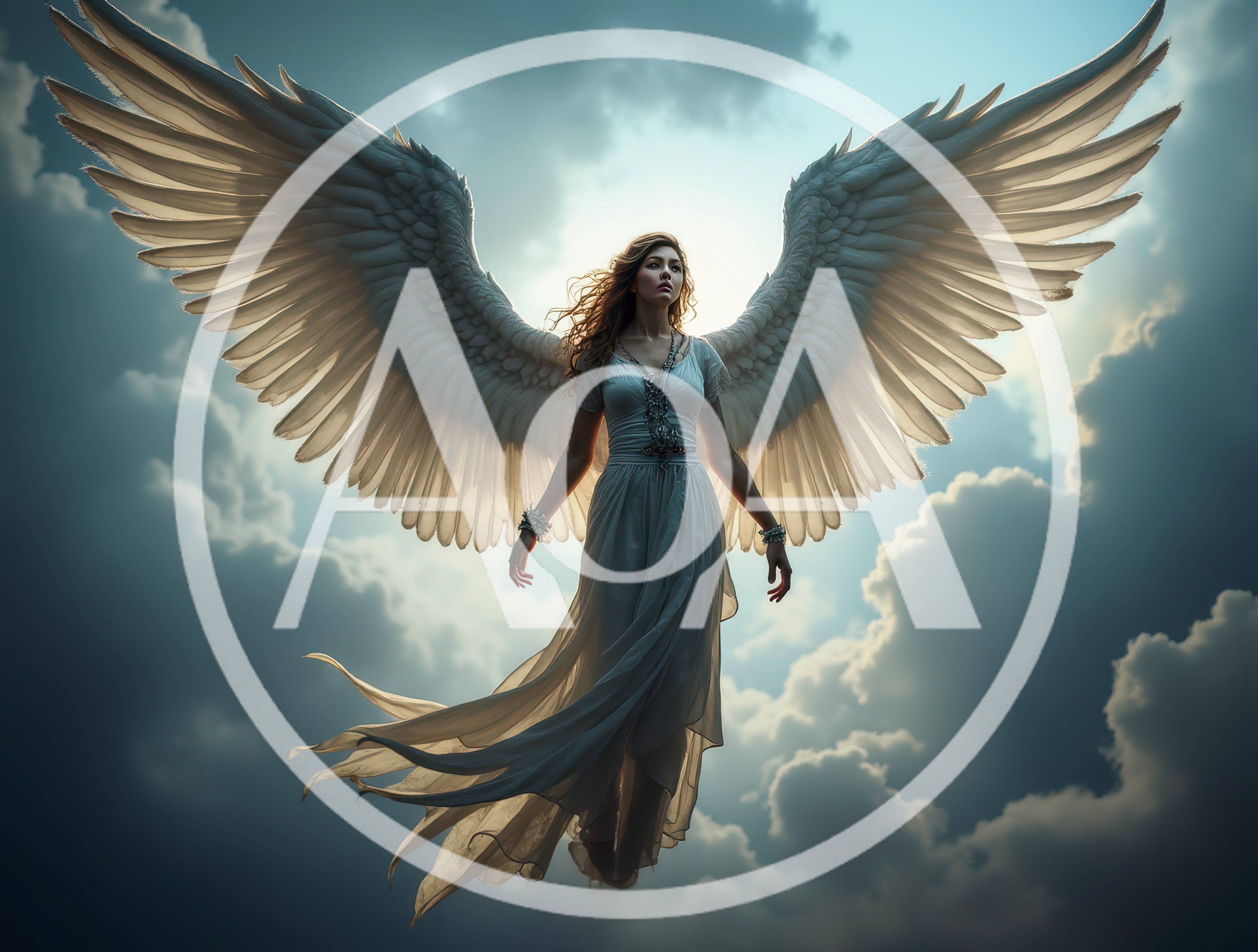 Ethereal Angel Floating In A Cloudy Sky