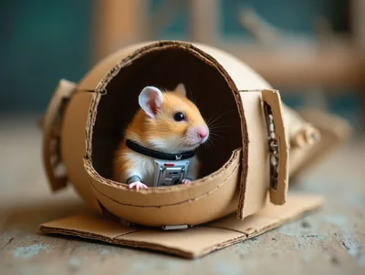 Hamster Wearing Space Suit Inside Cardboard Spaceship