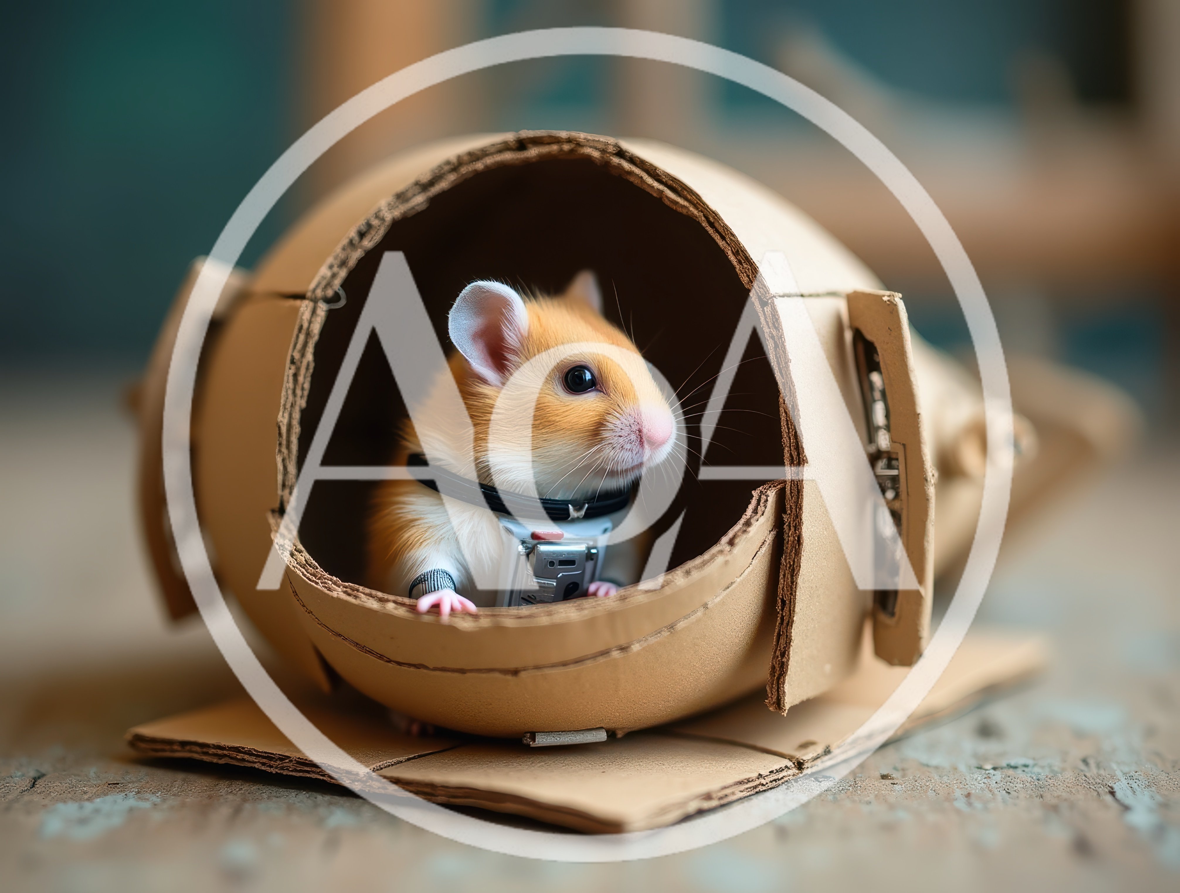 Hamster Wearing Space Suit Inside Cardboard Spaceship