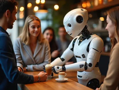 Humanoid Robot Serving Coffee to Customers in Cafe