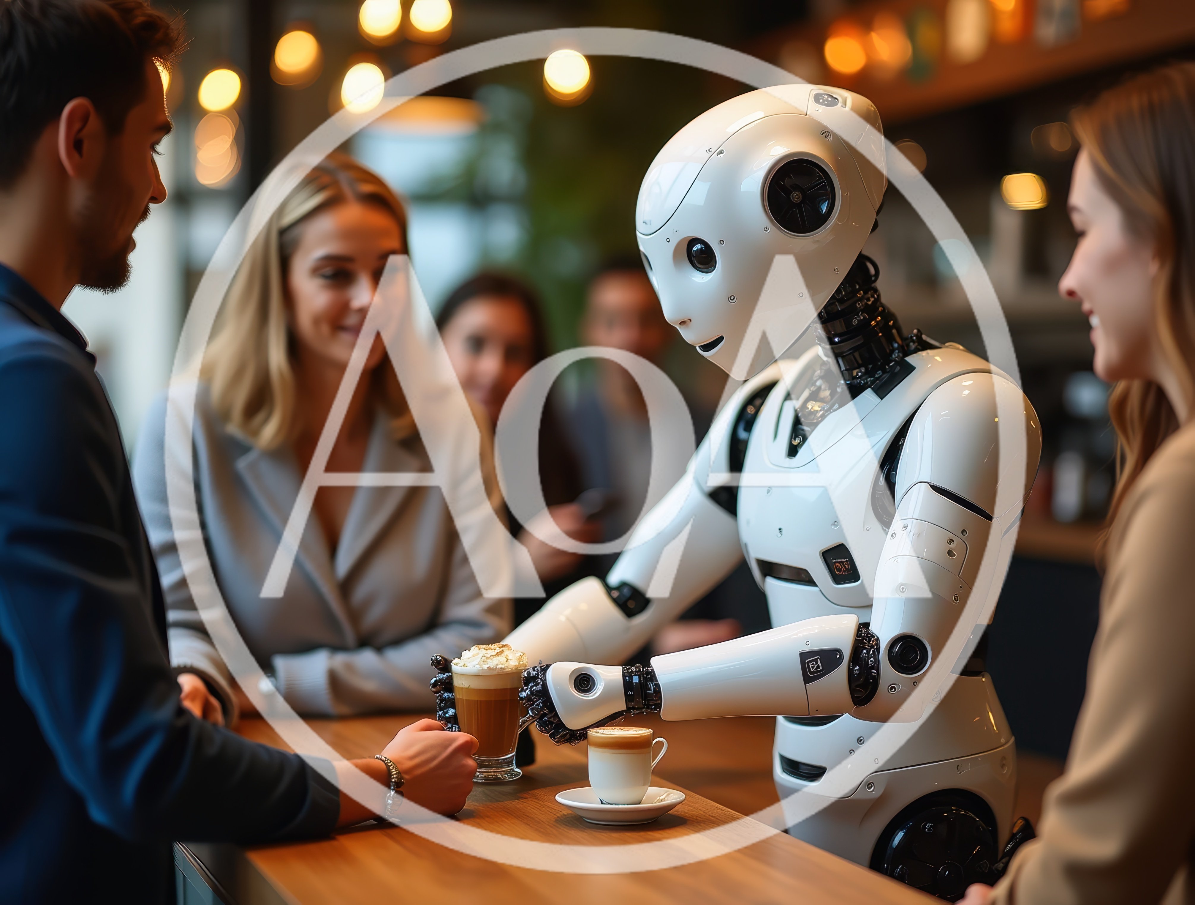 Humanoid Robot Serving Coffee to Customers in Cafe