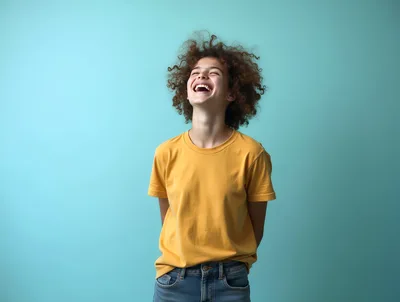 Young Woman With Curly Hair Laughing Joyfully