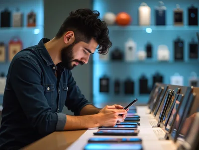 Young Man Testing Smartphones In A Modern Electronics Store