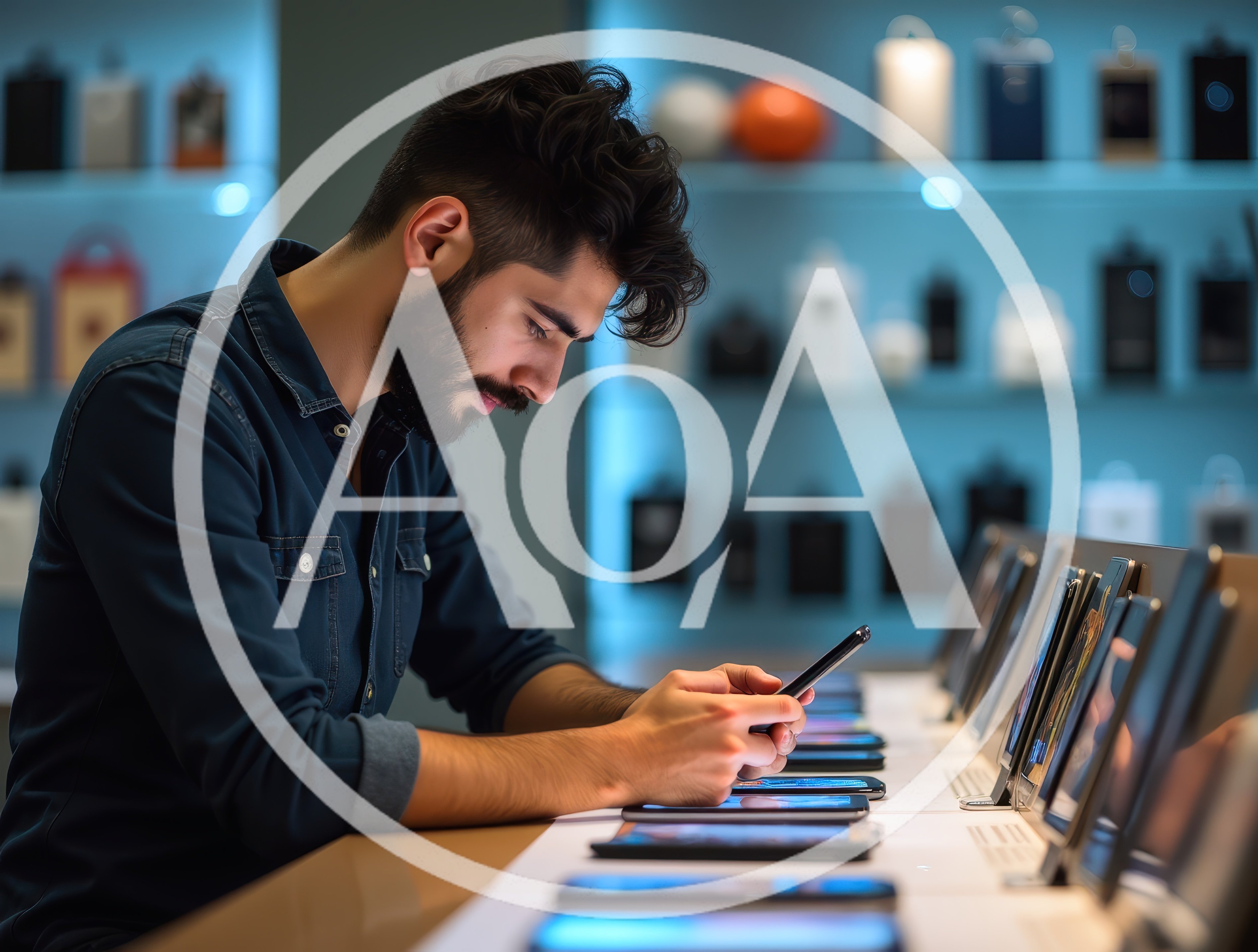 Young Man Testing Smartphones In A Modern Electronics Store