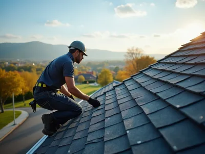 Roofer Installing Asphalt Shingles On Residential Roof