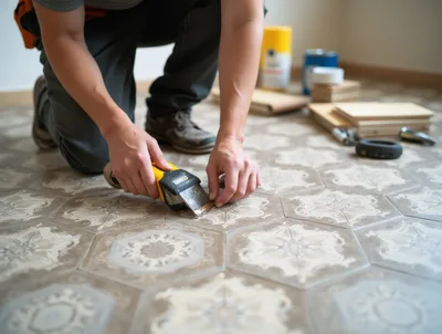 Professional Contractor Installing Hexagonal Patterned Floor Tiles