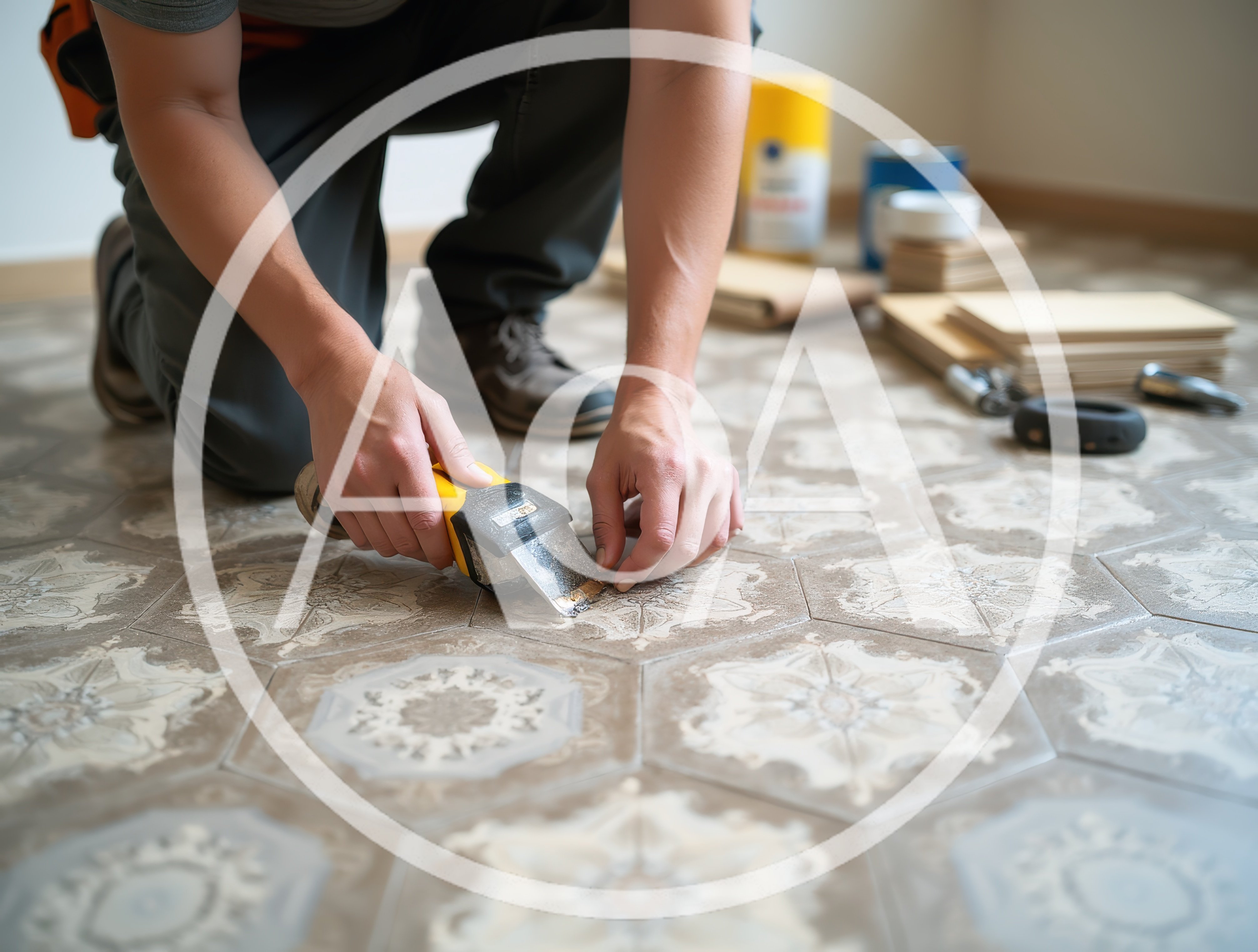 Professional Contractor Installing Hexagonal Patterned Floor Tiles