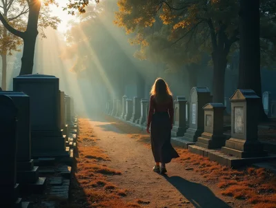Woman Walking Through A Misty Cemetery At Sunset