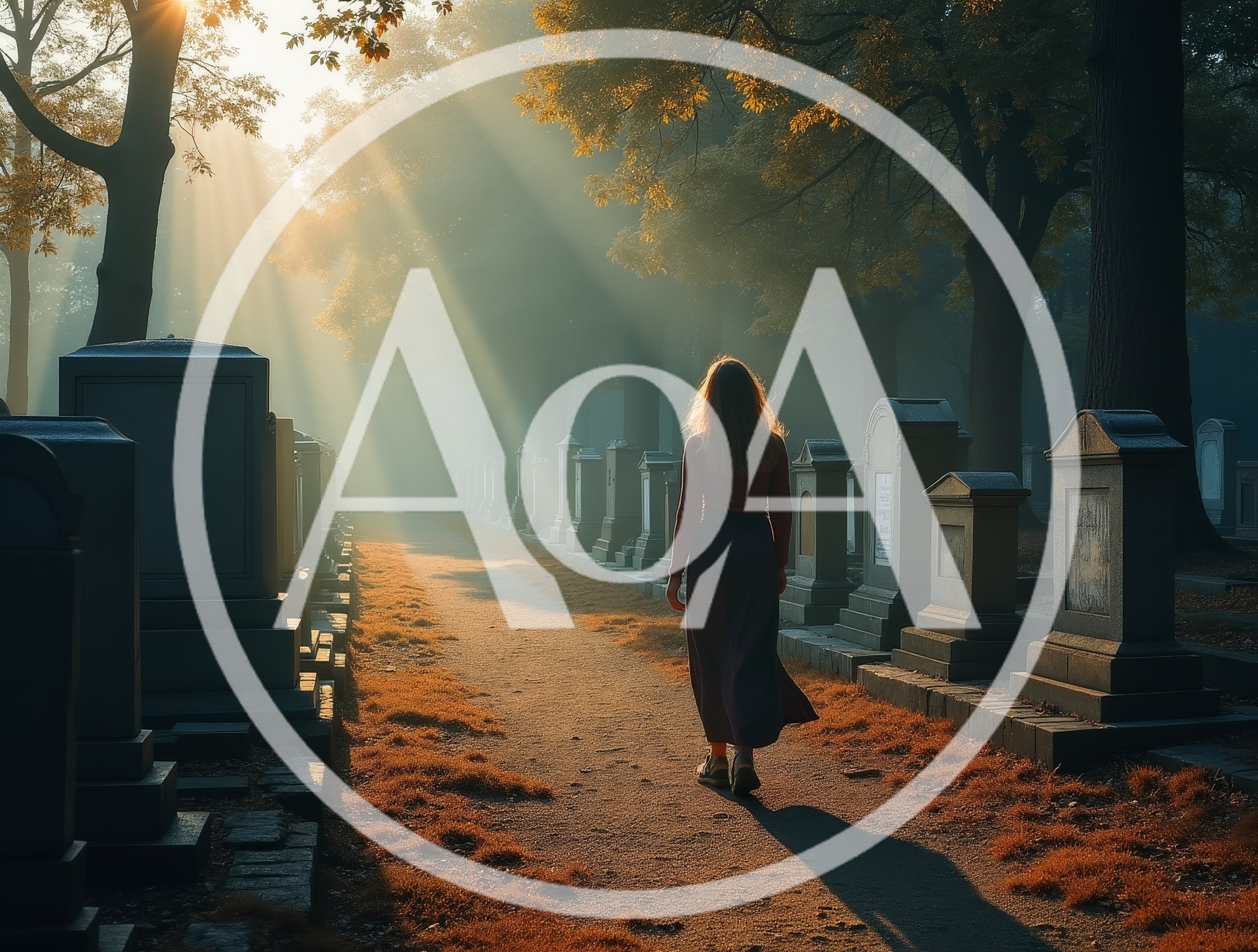 Woman Walking Through A Misty Cemetery At Sunset
