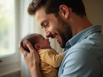 Father Holding His Newborn Baby Near A Window
