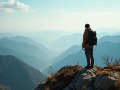 Hiker Standing On Mountain Peak Overlooking Valley
