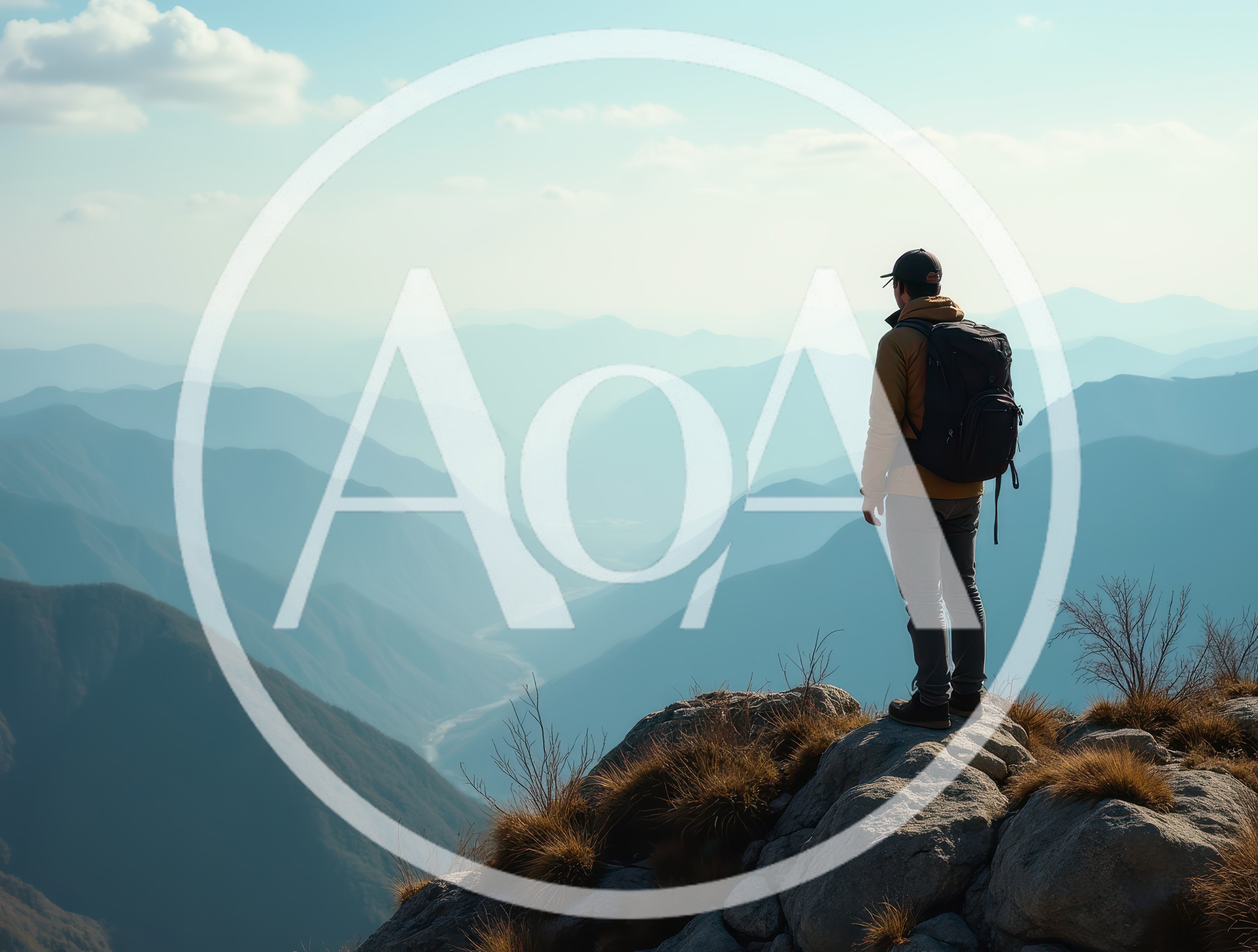 Hiker Standing On Mountain Peak Overlooking Valley
