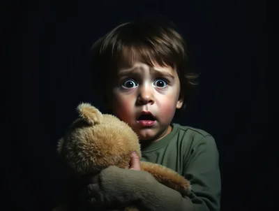 Scared Toddler Holding A Teddy Bear In Darkness