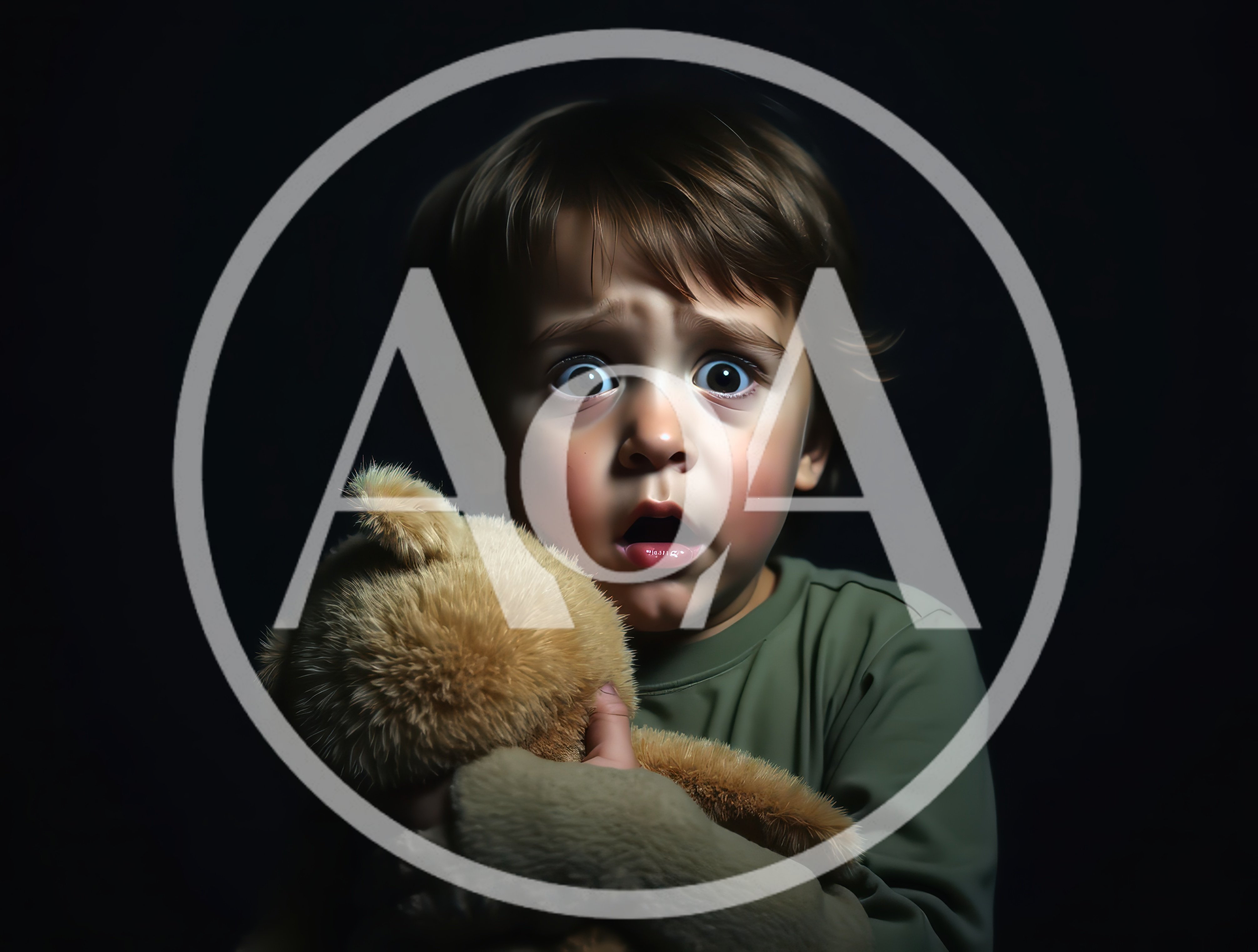 Scared Toddler Holding A Teddy Bear In Darkness