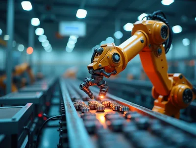 Industrial Robotic Arm Working On Automated Assembly Line