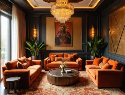 Luxurious Living Room With Orange Velvet Sofas