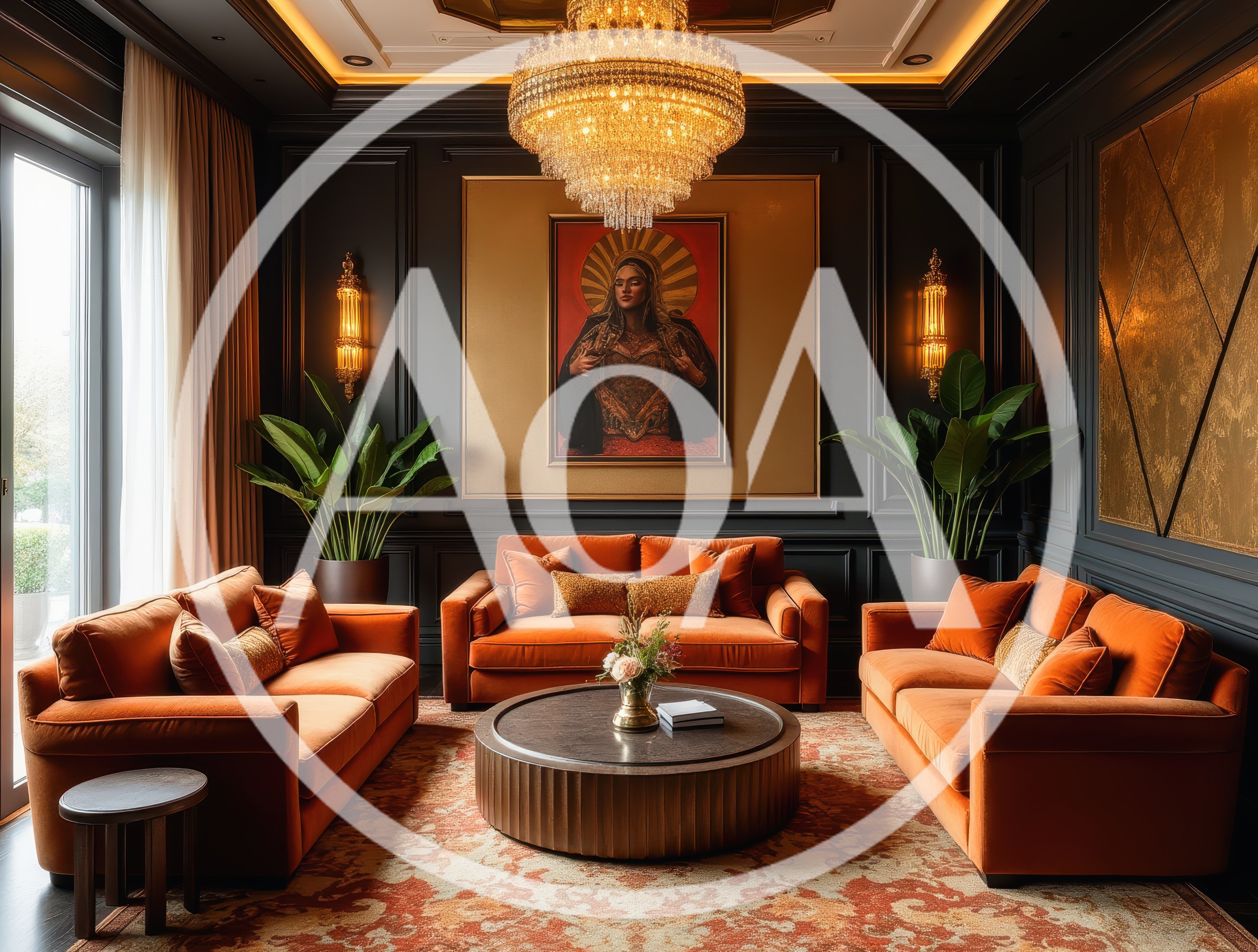 Luxurious Living Room With Orange Velvet Sofas