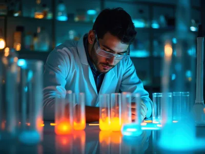 Scientist Conducting Research With Glowing Test Tubes