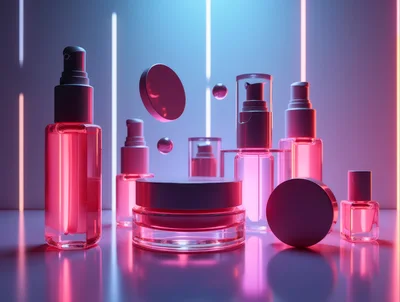 Cosmetic Skincare Products Under Neon Lighting