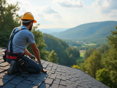 Roofer Kneeling On Shingled Roof Overlooking Mountain Valley