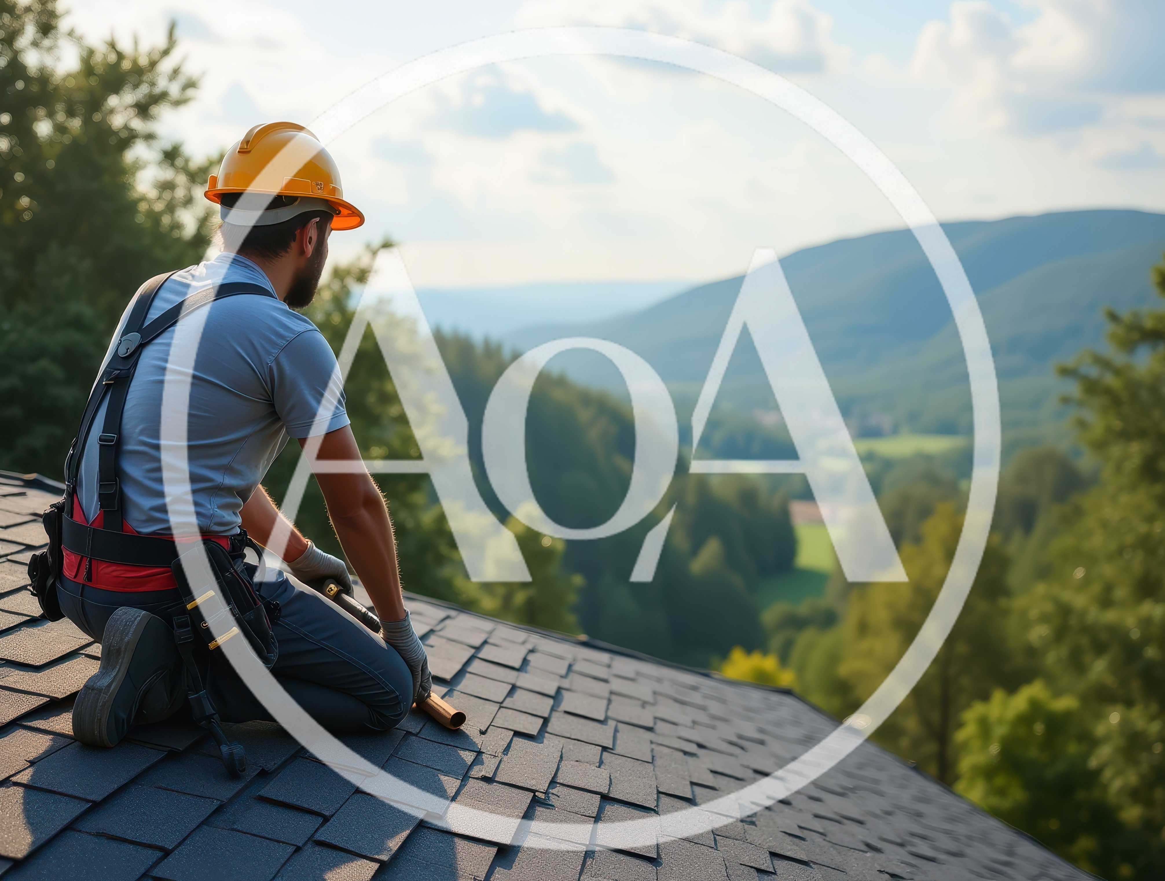 Roofer Kneeling On Shingled Roof Overlooking Mountain Valley