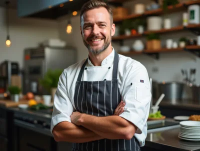Professional Male Chef Standing In A Commercial Kitchen