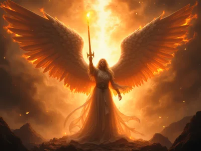 Majestic Angel Holding A Flaming Sword