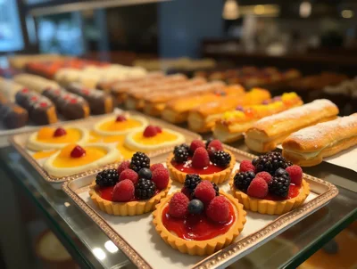 Fresh Berry Tarts And Pastries In A Bakery Display