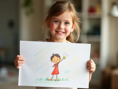 Young Girl Proudly Displaying Her Colorful Hand-Drawn Artwork