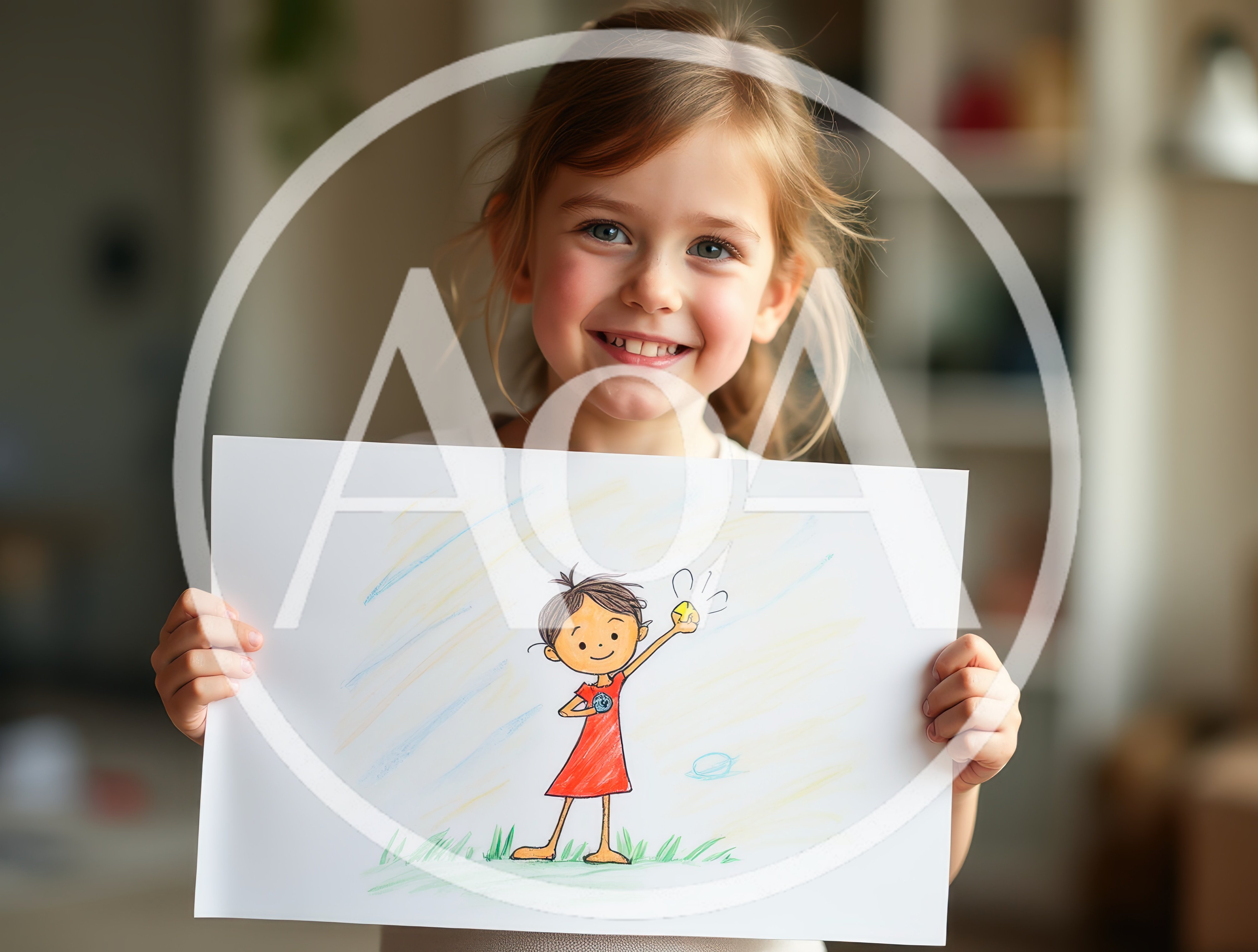 Young Girl Proudly Displaying Her Colorful Hand-Drawn Artwork