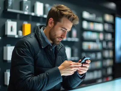 Young Man Using Smartphone In Electronics Store