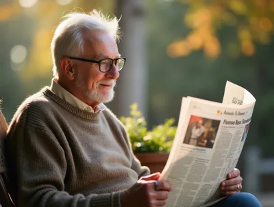 Senior Man Reading Newspaper Outdoors