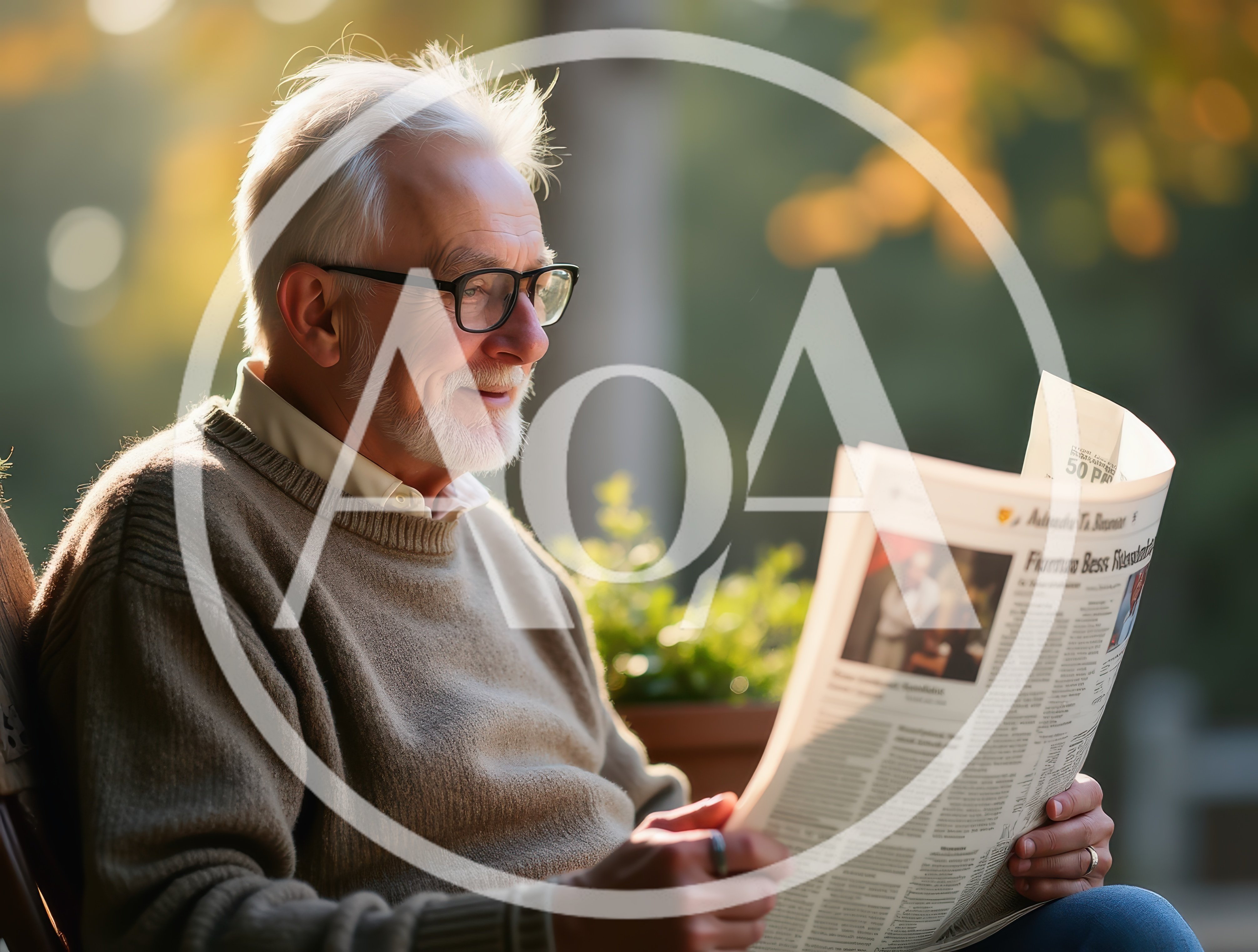 Senior Man Reading Newspaper Outdoors