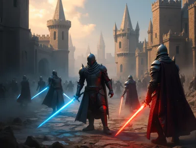 Fantasy Knights With Glowing Energy Swords In Medieval City