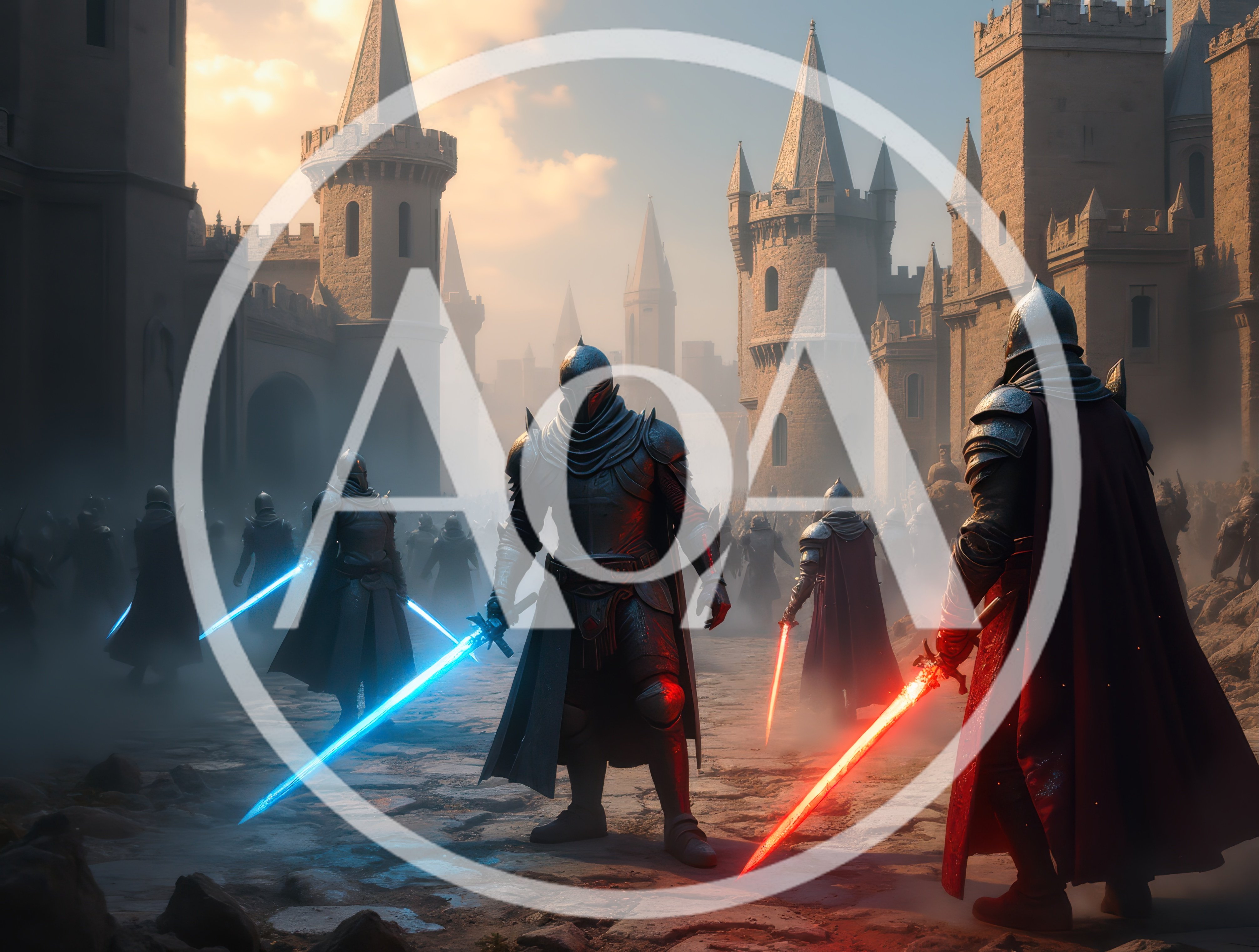 Fantasy Knights With Glowing Energy Swords In Medieval City