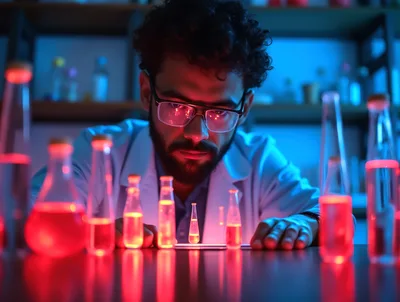Scientist Examining Glowing Chemical Vials In Laboratory