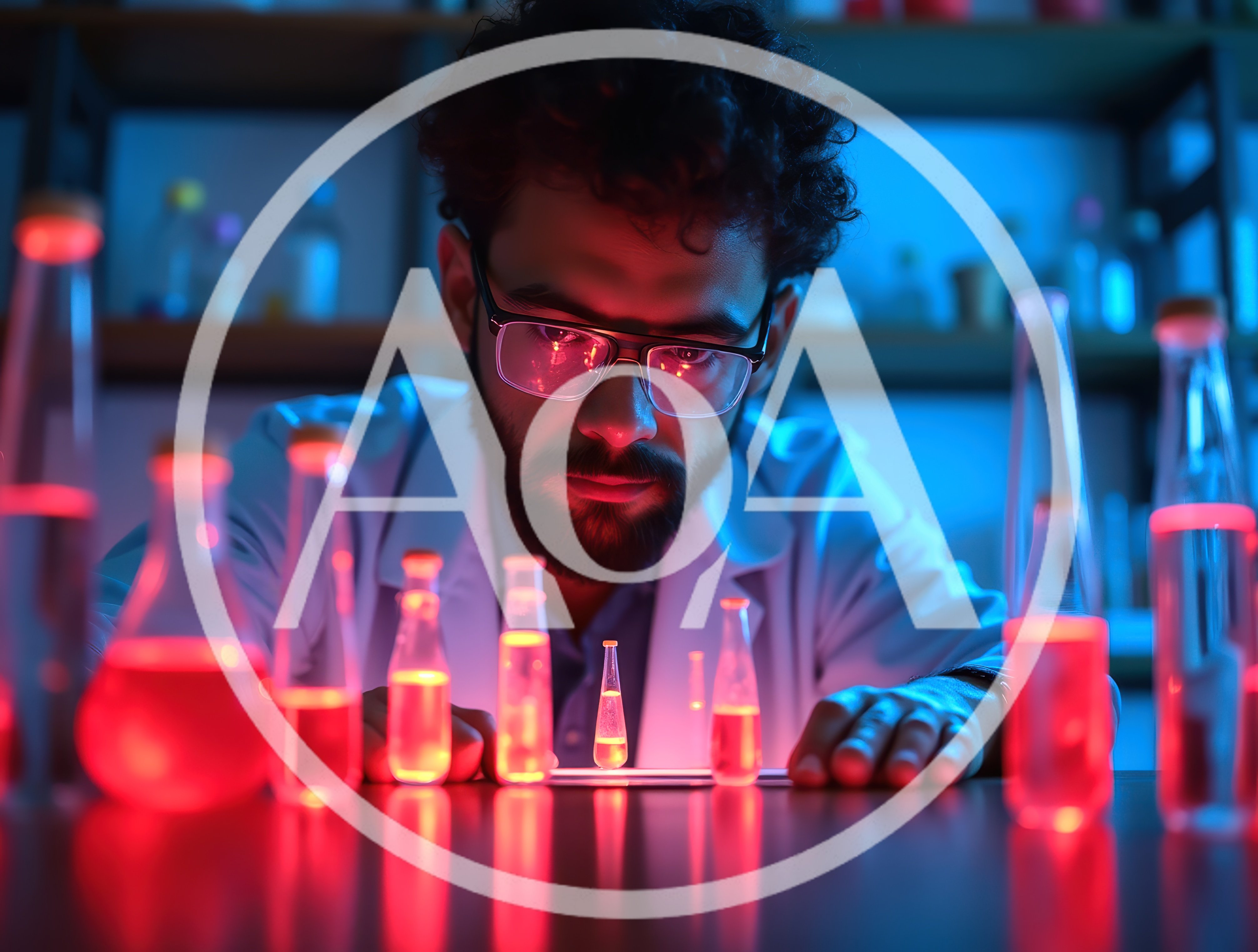Scientist Examining Glowing Chemical Vials In Laboratory