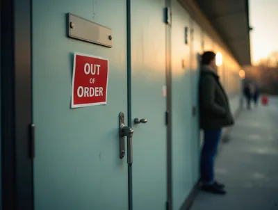 Out Of Order Sign On Public Restroom Door