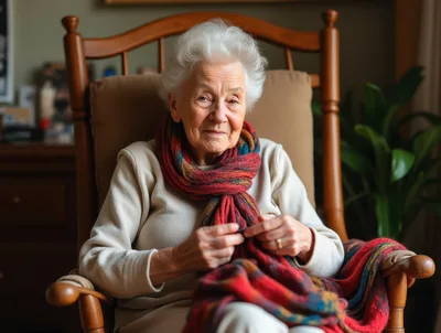 Elderly Woman Knitting In A Wooden Rocking Chair