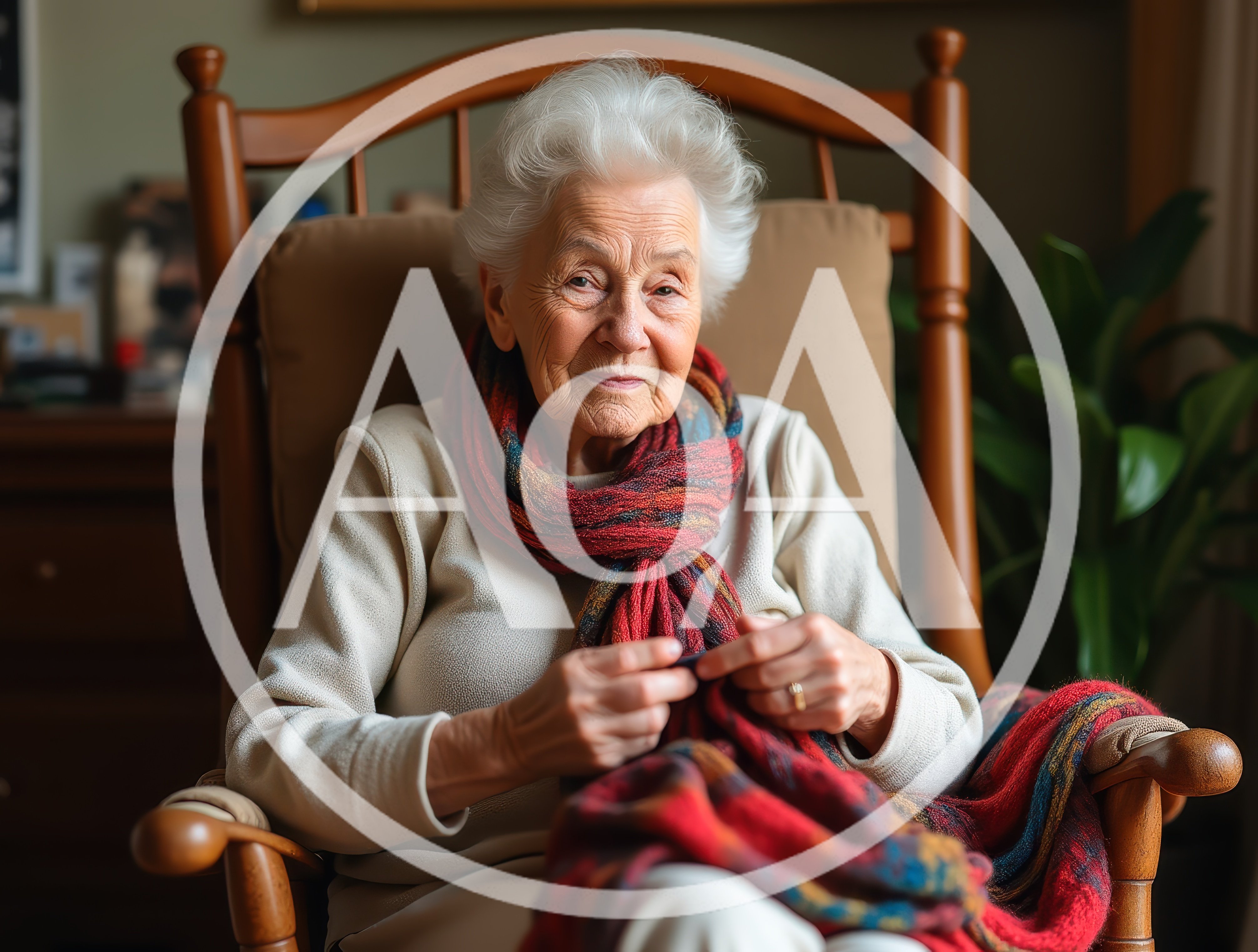 Elderly Woman Knitting In A Wooden Rocking Chair