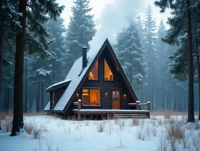 Cozy A-Frame Cabin In Snowy Pine Forest