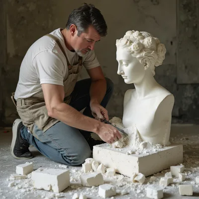 Sculptor Carving A Classical Bust In A Studio