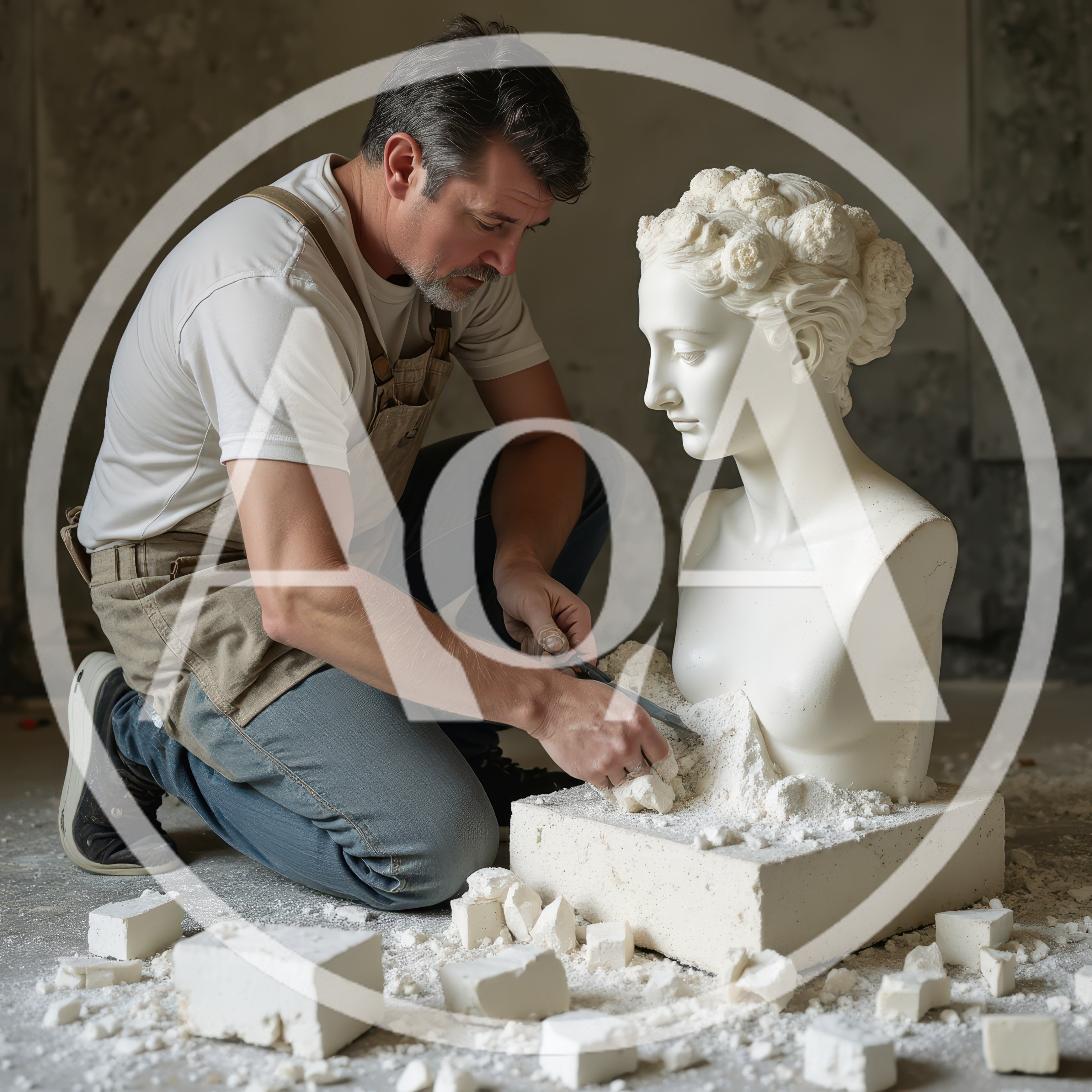 Sculptor Carving A Classical Bust In A Studio