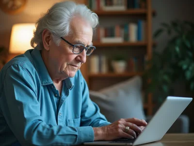 Senior Man Using Laptop In Cozy Home Office