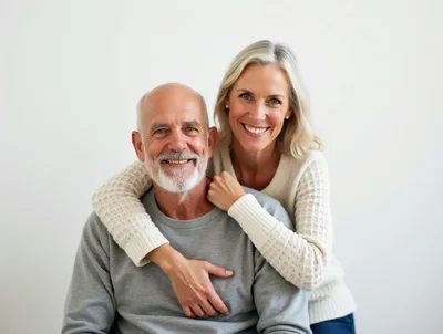 Happy Senior Couple Embracing Against White Background