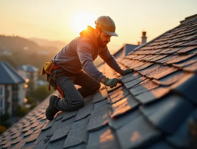 Roofer Installing Asphalt Shingles At Sunset