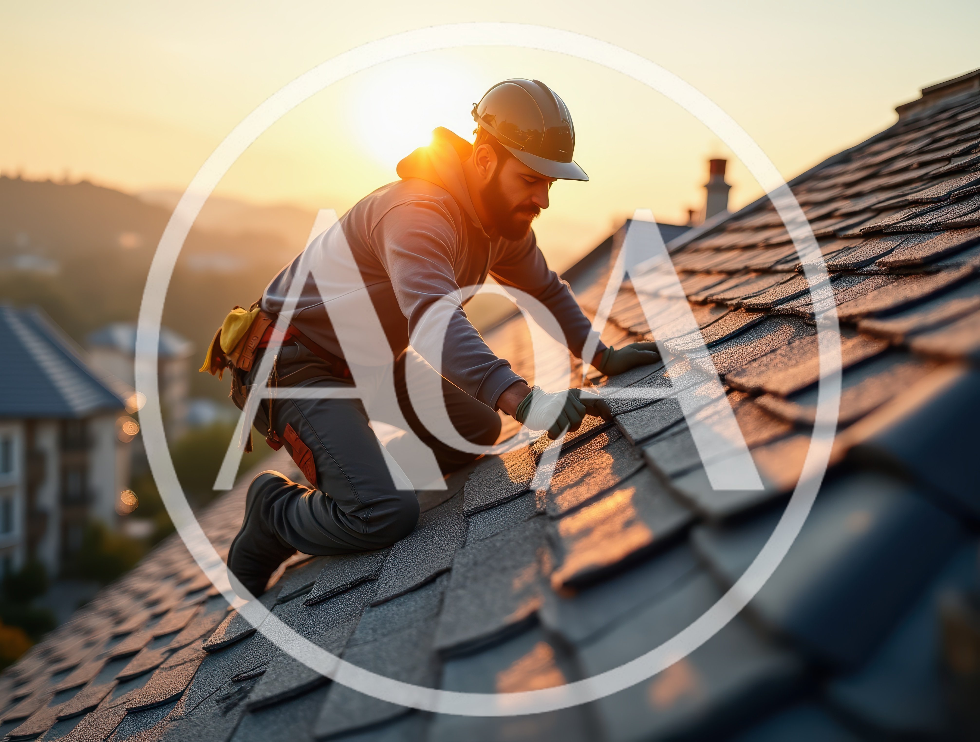 Roofer Installing Asphalt Shingles At Sunset