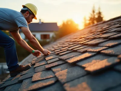 Roofer Installing Asphalt Shingles At Sunset